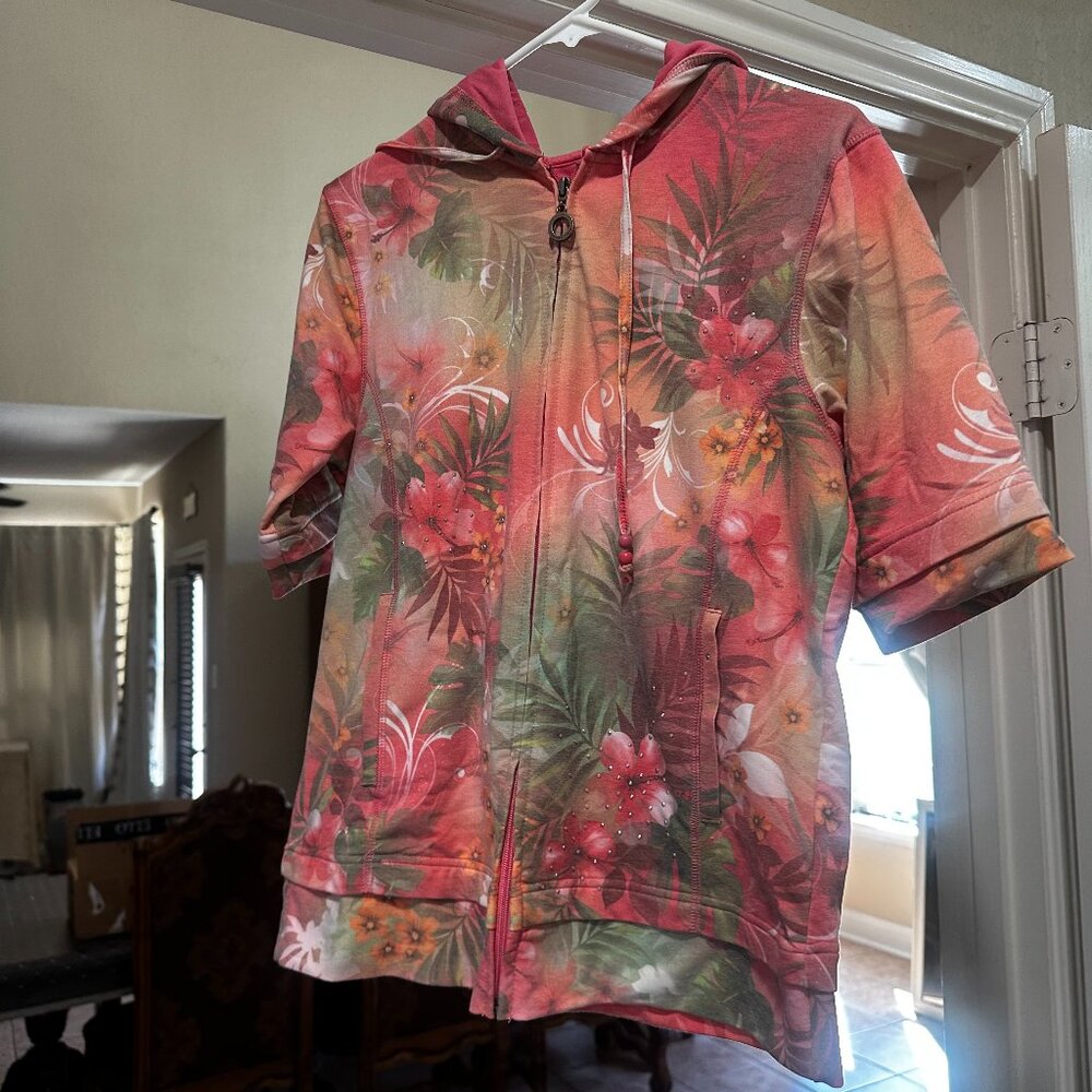 Women’s Floral Zip Hoodie Tropical Print Lightweight Short Sleeve Pink Green Tea